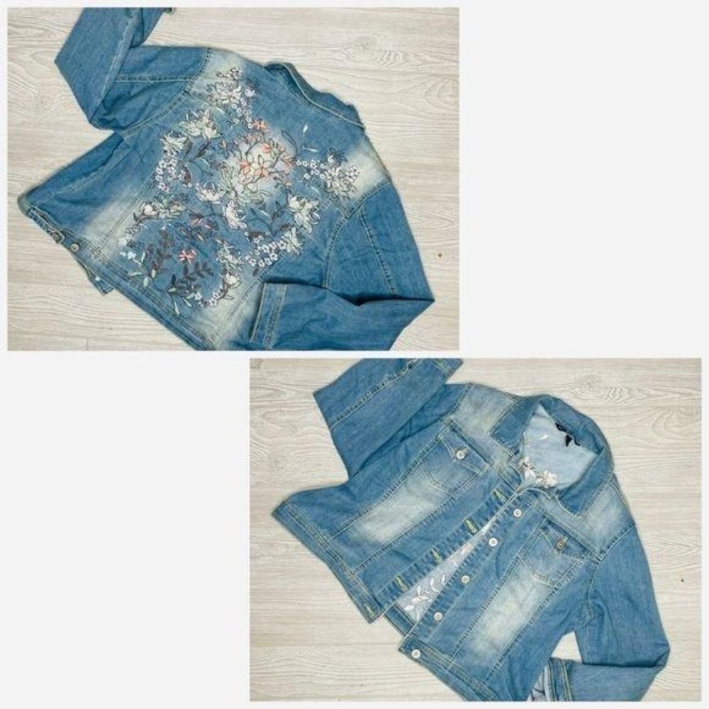 denim Blue identity floral embroidered PXL long sleeve Jean jacket XL